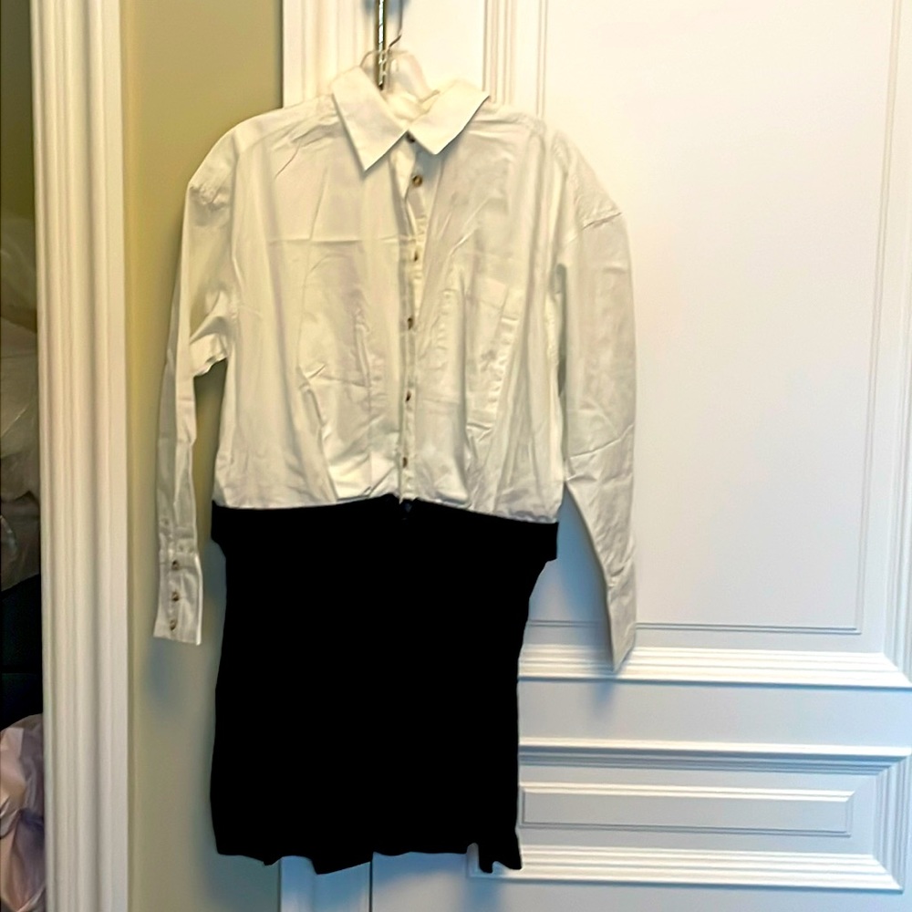 White / black button down mini dress
